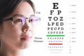 Young woman on eyesight test chart background. Eyesight and eye Royalty Free Stock Photo