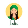 Young woman face avatar. Cute indian girl in traditional clothing portrait for social networks.
