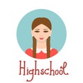 Young woman face avatar. Cute school girl portrait for social networks. Vector illustration with handdrawn lettering. Highschool