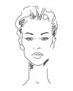 Young woman face, fashion sketch, black and white linear face drawing. Vector illustration, poster, banner, logo Royalty Free Stock Photo