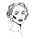 Young woman face, fashion sketch, black and white linear face drawing. Vector illustration, poster, banner, logo Royalty Free Stock Photo