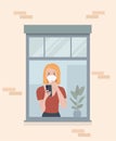 Young woman with face mask looks into the smartphone in the window. Vector flat illustration