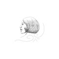Young woman face side with hair caret hand drawing. Vector black and white graphic