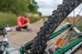 Young woman fallen from mountain bicycle Royalty Free Stock Photo