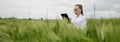 Young woman farmer wearing white bathrobe is checking harvest progress on a tablet at the green wheat field. New crop of Royalty Free Stock Photo