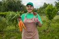 Close up portrait gardener with bunch of carrots in hand in garden. Young woman, farmer, worker holding in hands Royalty Free Stock Photo