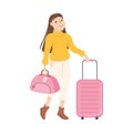 Young Woman in Fashionable Clothes Tourist Traveling with Bag and Suitcase, Girl Going on Vacation Trip Cartoon Vector Royalty Free Stock Photo