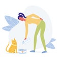 Young Woman Feeding Cat Flat Vector Illustration