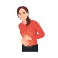 Young woman feel pain in stomach vector illustration. Stomach acid reflux