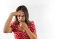 woman feeling pain with eyes closed with headache put hand head isolated on white background. Royalty Free Stock Photo