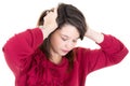 Young woman feeling stressed hands on head in white background