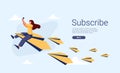 Young woman or female character sitting and flying on paper plane and sending message. Concept of email marketing.