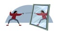 A young woman is fencing with her reflection in the mirror. A duel with yourself. Fighting bad habits. Royalty Free Stock Photo