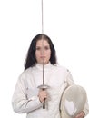 Young Woman in Fencing Jacket with Foil and Mask