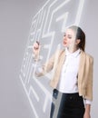 Young woman finding the maze solution, writing on whiteboard. Royalty Free Stock Photo