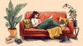 Ai Generative Young woman reading a book on the sofa in the living room