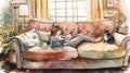 Ai Generative Young woman reading a book on the sofa in the living room