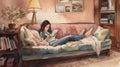 Ai Generative Young woman reading a book on the sofa in the living room