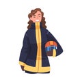 Young Woman Firefighter Wearing Protective Uniform and Fireproof Helmet Vector Illustration