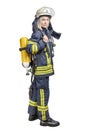 Young woman firefighter wearing uniform and helmet with air pack on her back isolated