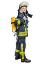 Young woman firefighter wearing uniform and helmet with Breathing Air Cylinder Assembly and Full Facepiece Respirator Royalty Free Stock Photo