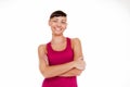 Young woman in fitness outfit isoleted over white background smi Royalty Free Stock Photo