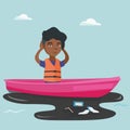 Young woman floating on a boat in polluted water. Royalty Free Stock Photo