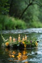 a young woman floats a wreath on Ivan Kupala. Selective focus.