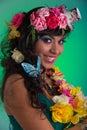 Young woman with floral wig