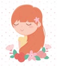 Young woman flower in hair and flowers nature cartoon Royalty Free Stock Photo