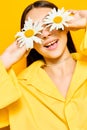 woman cheerful model smile flower young portrait chamomile pretty happiness yellow