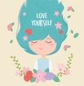 Young woman flowers love lettering decoration cartoon Royalty Free Stock Photo