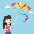 Young woman flying kite vector illustration.