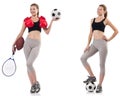 The young woman with football, rugby ball, boxing gloves and tennis racquet Royalty Free Stock Photo