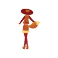 Woman in fox costume with red hat and tail, back view. Outfit for carnival or Halloween party. Flat vector design