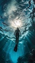 Young woman Freediver in bikini and Full Foot Fins, snorkeling mask silhouette wide angle shot while girl swimming up sea surface