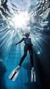 Young woman Freediver in wetsuit and Full Foot Fins, snorkeling mask silhouette wide angle shot while girl swimming up sea surface