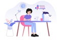 Young woman or freelancer sitting on her a desk with cat and working online with a laptop at home illustration. Social distancing