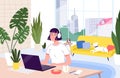 Young woman freelancer works remotely from her apartment. The concept of distant work during the quarantine and