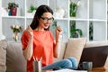 A young woman in front of a laptop rejoices at a successful deal and gestures. Royalty Free Stock Photo