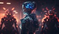 Young woman with futuristic uniform and group of silhouettes in cyberspace. Virtual reality. Cyberpunk, Generative Ai Royalty Free Stock Photo