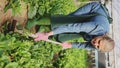 Young woman gardener in apron with mattock working with Malabar spinach in hothouse