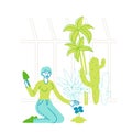 Young Woman Gardener or Florist Character Working in Botanical Garden, Greenhouse or Orangery Terrace Watering