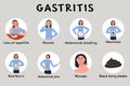 Young woman with gastritis symptoms and early signs. Female with diarrhea, nausea, vomiting. Infografic with patient