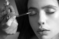 Young woman getting rosy shadows, makeup. Applied on eyes with brush by female hands.