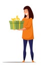 Young woman with gift box flat vector illustration