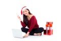 Young woman gift box sitting labtop with internet shopping and holding credit card Royalty Free Stock Photo