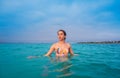 Young woman girl bath in the Ibiza beach Royalty Free Stock Photo