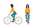 Young woman or girl dressed in casual clothing riding bike. Flat female cartoon character wearing jumper and jeans on