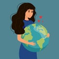 Young woman or girl embraces green planet Earth with care, love. Vector illustration of Earth day and saving planet Royalty Free Stock Photo